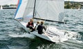 Boys flat chat sailing racing a small sailboat in a coastal lake. Commercial image