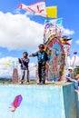 Boys fly kites in cemetery, Giant kite festival, Santiago Sacatepequez, Guatemala