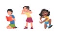 Boys and girl demonstrating good and bad behavior. Children teasing and reading books cartoon vector illustration