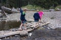 Children Hike Beach Logs
