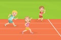 Boys and Girl Running Race Tracks of Stadium at Competition Vector Illustration Royalty Free Stock Photo