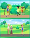 Boys and Girl Teenagers in Park Resting Set Vector