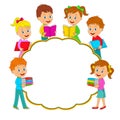 Boys and girls with book and frame Royalty Free Stock Photo