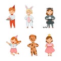 Boys and girls in carnival costumes set. Happy boys and girls dressed as bunny, cat, dog, princess cartoon vector