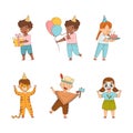 Boys and girls in carnival costumes set. Happy boys and girls having fun at birthday party cartoon vector illustration