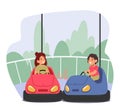 Boys and Girls Characters Riding Carts or Bumper Car Attraction in Amusement Park. Children Having Fun at Funfair Royalty Free Stock Photo
