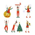 Boys and girls Christmas elf characters Set. Cute Santa Claus helpers decorated fir tree, holding gift boxes cartoon Royalty Free Stock Photo