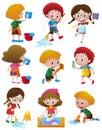 Boys and girls doing different chores Royalty Free Stock Photo