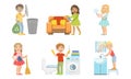 Boys and Girls Doing Different Doing Housework Set, Children Helping Their Parents with Home Cleaning Vector Royalty Free Stock Photo