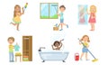 Boys and Girls Doing Different Doing Housework Set, Kids Helping Their Parents with Home Cleaning Vector Illustration Royalty Free Stock Photo