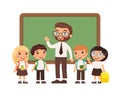 Teacher with pupils in classroom flat vector illustration.