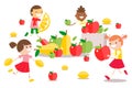 Boys and girls happy for fresh import fruit icons vector illustration. Children character smiling, running around with