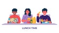 Boys and girls having breakfast or lunch meals. Kids, people eating, drinking healthy food, drinks. Children school lunch boxes