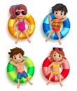Boys and girls kids vector characters floating with colorful lifebuoy