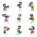 Boys and girls paintball players set, little kids wearing masks and vests playing paintball aiming with guns vector