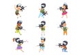Boys and girls paintball players set, little kids wearing masks and vests playing paintball aiming with guns vector