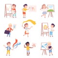 Boys and Girls Painting on Canvas Set, Kids Artists Drawing on Easel, Paper and Wall with Paints and Pencils Cartoon