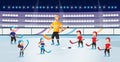 Boys and Girls Playing Hockey on Ice Rink Vector.
