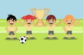 Boys and girls playing with a soccer ball on the same team. They have won the tournament cup. flat style design Royalty Free Stock Photo