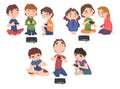 Boys and Girls Playing Video Games Set, Children Having Fun with Computer Gaming with Joysticks Cartoon Style Vector