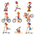 Boys and Girls Riding Kick Scooter, Bicycle, Rollerblades, Summer Outdoor Activities Cartoon Vector Illustration Royalty Free Stock Photo