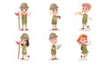 Set Of Six Boys And Girls Scouts In Different Actions Vector Illustrations Cartoon Characters