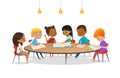 Boys and girls sitting around round table, studying, reading books and discuss them. Kids talking to each other at Royalty Free Stock Photo