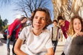 Boys and girls with skateboard or rollerblades Royalty Free Stock Photo