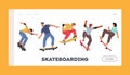 Boys and Girls Skateboarding Activity Landing Page Template Set. Young People Skating Longboard, Jump and Making Stunts Royalty Free Stock Photo