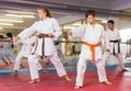 Boys and girls are studying karate technique in gym