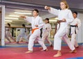 Boys and girls are studying karate technique in gym