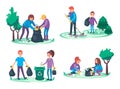 Boys and girls take away litter and garbage. Environmental cleanup concept. Group of People making a forest or park