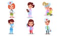 Kids In Different Medical Costumes In A Hospital Routine In Vector Illustration Set Isolated On White Background