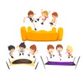 Boys jumping on trampoline, happy bouncing kids having fun on trampoline vector Illustration on a white background Royalty Free Stock Photo