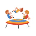 Boys Jumping on Trampoline, Happy Trampolining Kids Playing and Having Fun Cartoon Vector Illustration