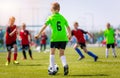 Boys Kicking Soccer Match on Grass. Youth Football Game. Children Soccer Competition Royalty Free Stock Photo