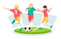 Boys kids playing soccer with ball on summer meadow. Happy kids playing football sport game together having fun. Royalty Free Stock Photo