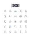 Boys line icons collection. Men, Guys, Males, Dudes, Bros, Lads, Gentlemen vector and linear illustration. Blokes,Fellas