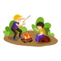 Boys make marshmallow on fire concept background, cartoon style