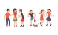 Boys mocking and teasing at girls set. Conflicts between boys children cartoon vector illustration