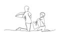 Boys pillow fighting continious line illustration. Pillow fight. Self isolation. concept of staying home. Two young children made