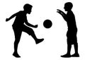 Boys play in ball football, silhouette, vector