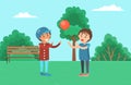 Boys play with a ball while walking on the street. Children spend time outdoors vector illustration
