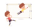 Boys play soccer game, isolated action scene between striker and goalkeeper during match Royalty Free Stock Photo