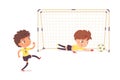 Boys play soccer game, isolated action scene between striker and goalkeeper during match Royalty Free Stock Photo