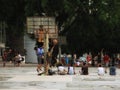 Boys are playing basketball in the sports park in Jember, Indonesia