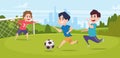 Boys playing football. Running outdoor kids with football ball on grass exact vector cartoon background Royalty Free Stock Photo