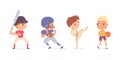 Boys playing sports set. Happy kids doing healthy exercise vector illustration. Children play karate, baseball with bat