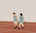 Boys playing tennis with rackets and balls in summer camp at court. Sport Royalty Free Stock Photo