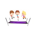 Boys playing trampoline, bouncing kids having fun on trampoline vector Illustration on a white background Royalty Free Stock Photo